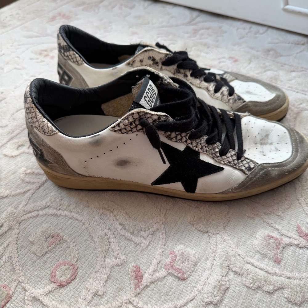 Golden Goose Women's Black and White Snakeskin Sneakers with Glitter Detail